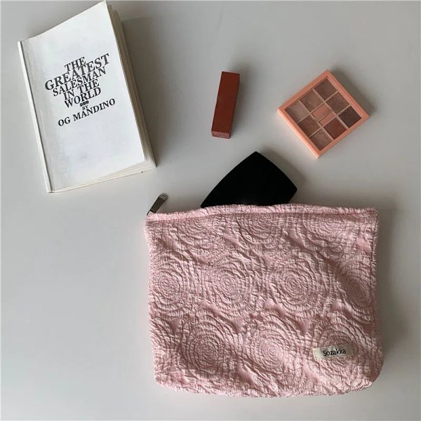 Kvinnor Kosmetikväska Broderi Daisy Floral Koreansk resor Toalettväska Canvas Case Sminkfodral Organizer Case h  Pink