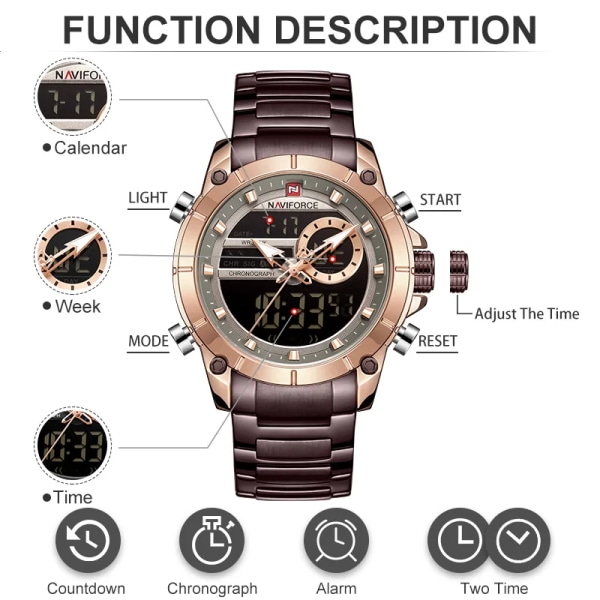 NAVIFORCE Watch Topp Lyxmärke Herr Sport Militärklockor Helt stål Vattentät Kvarts Digitalklocka Relogio Masculino Black