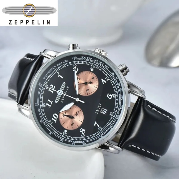 2023 New Zeppelin Watch Fashion Three Eyes Running Second Multifunktionell Chronograph Top Leather Business Quartz Watch Type 5
