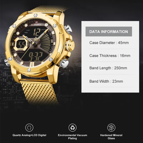 NAVIFORCE Originalklockor för män Lyxmärke Quartz Dual Display Militär watch Mesh stålband Vattentät klocka RGCECE