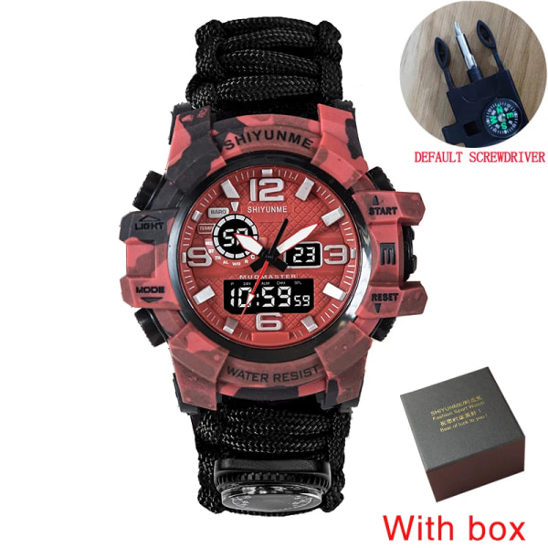 Män Militärsport LED Digitala klockor Kompass Utomhus Överlevnad Multifunktion Vattentät Herr Quartz Watch Relogio Masculino camouflage Red box