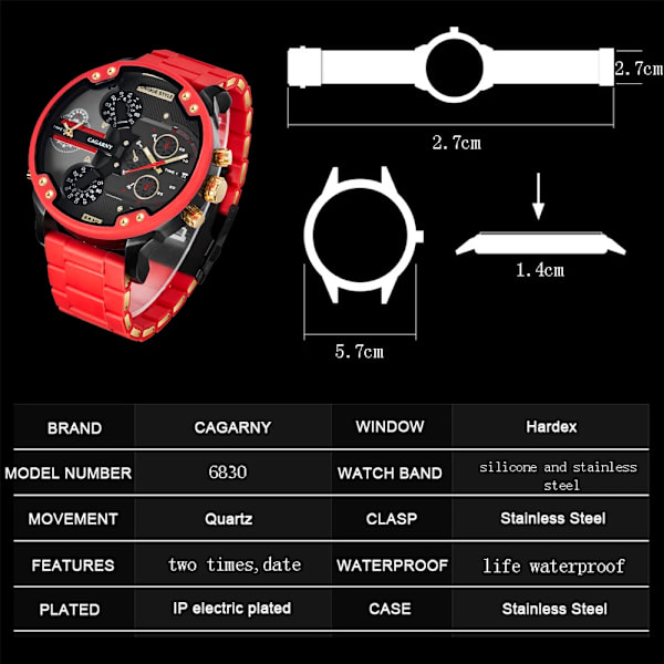 Watch Herr Lyxmärke Kända Dual Time Military Relogio Masculino 57mm 3D Stort case Quartz Herrklockor Röd Manklocka with box