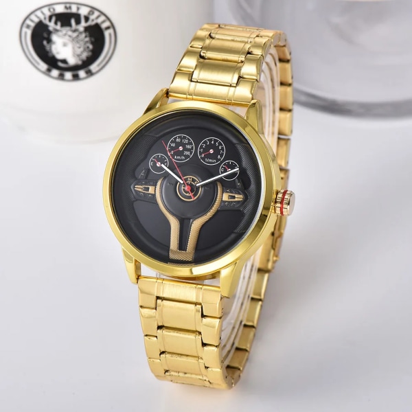 Kreativ Naturlig stil Klassisk precision Mode Watch herr 3D Racing däck Gratis rostfritt band Klocka Casual Gold black