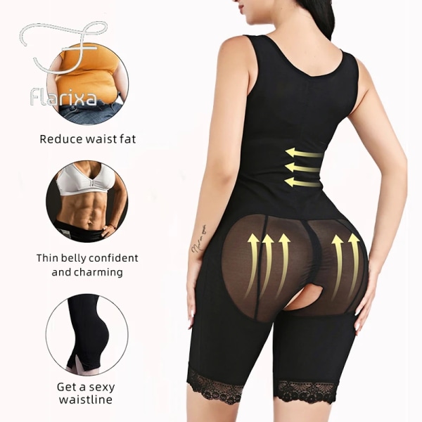 Flarixa Dam waist trainer Magkontroll Helkroppsformare Body Spetskontroll Trosor Linne Shapewear med öppen gren Black S