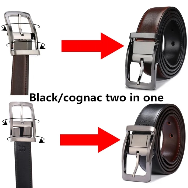 Vändbart bälte i äkta läder för män med roterat spänne två i ett stort och högt 0068-BK Cognac 80cm (Waist 65cm)