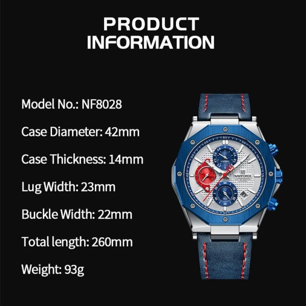 NAVIFORCE Fashion Quartz Klockor för män Läderarmband Sport Chronograph Watch Auto Date Vattentät Lysande Manklockor RGBDBN-BOX