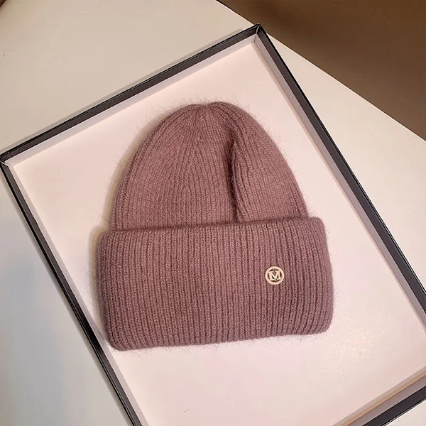 Uspop Nya Dammössor Vinter Tjocka Varma Stickade Mössor Enfärgad Bokstav M Mjukt Hår Skullies Beanies Bean paste Pink elastic 53-59 cm