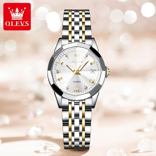 OLEVS Toppmärke Damklockor Elegant Rhombus Mirror Original Quartz Damarmbandsur Rostfritt stål Vattentät Lysande Ny gold white
