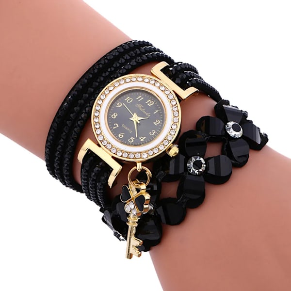 Märke Mode Dam Blomma Kristallklocka Watch Casual Lyx Läder Strassarmbandsklocka Watch Feminino Brown