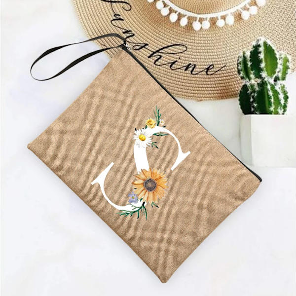 Inledande brev Blomma Linne Dragkedja Kvinnor Kosmetikväskor Mujer Bolsa Sommar Beach Organizer Case Neceser Sminkväska Q06632-A012BR-S