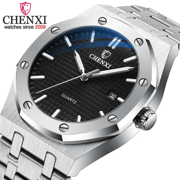CHENXI Herrklockor Lyxmärke Automatisk datumklocka Vattentät Lysande Herrarmbandsur Kvarts Watch i rostfritt stål Silver Blue