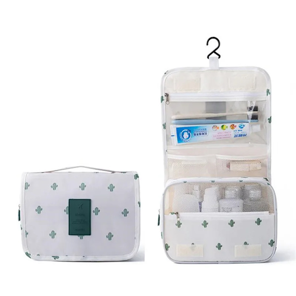Resekrok Kosmetikväska Dam Sminkväska Vattentät Toalettartiklar Skönhetspåse Unisex badrum Nödvändig smink Organizer White cactus