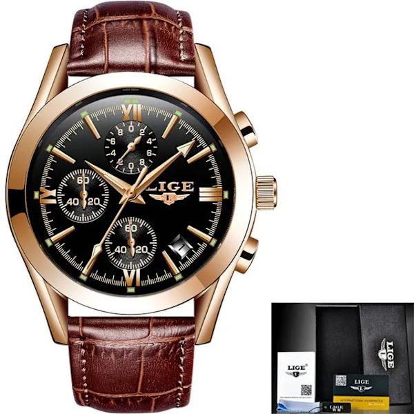 Nytt mode herrklockor Toppmärke Lyx Military Quartz Watch Premium Läder Vattentät Sport Chronograph Watch Herr gold black