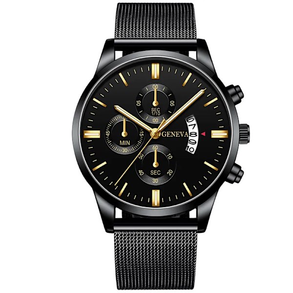 2023 Herrmode Business Kalender Klockor Herr Lyx Blå Rostfritt stål Mesh Bälte Analog Quartz Watch relogio masculino Black Gold