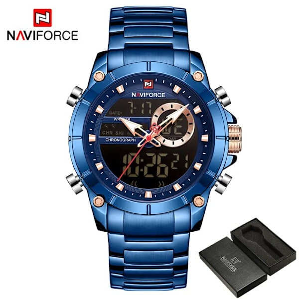 NAVIFORCE Top Brand Lyx Watch Herr Vattentät Quartz Digital Led Man Klocka Militär Sport Rostfritt stål Man Armbandsur 9163 NA916301 with box