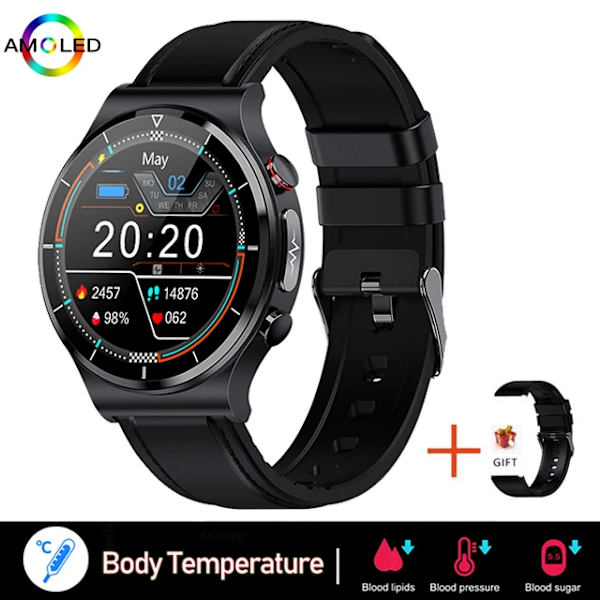 Smärtfri Icke-invasiv Blodsocker Watch Män EKG PPG Laserbehandling Hälsa Blodtryck Sport Smartklocka GlucometerWatch black leather
