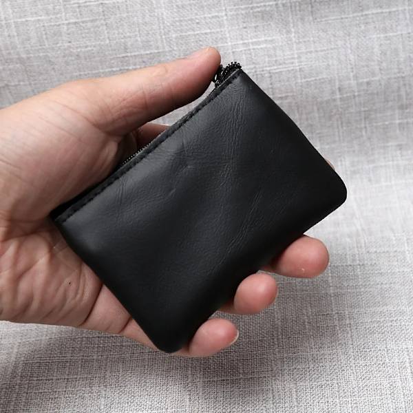 Läder Mini Myntväska Unisex Enkel Bärbar Första Layer Kohud Retro Handgjord dragkedja Liten case Black