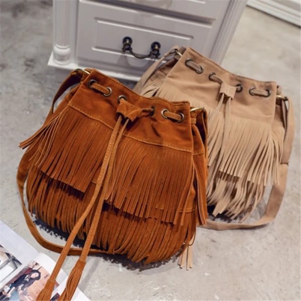 Mode Retro Faux Mocka Fringes Dam Messenger Bags Tote Ny Handväska Tofs Axel Handväskor Crossbody Bag Tofs Hink Brown