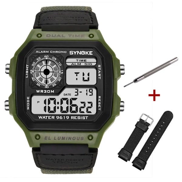 SYNOKE Digital Watch för män Led Vattentät Man Nylon Klockor Lyx Sport Man Armbandsur Stor väckarklocka Relojes Deportivos Full Green set