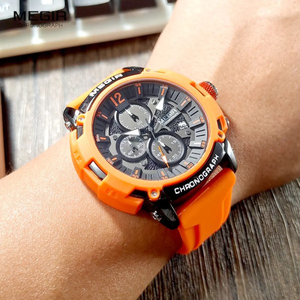 MEGIR Orange Sportklockor för män Mode Vattentät Lysande Chronograph Quartz Armbandsur med Auto Date Silikonrem 2208 Orange-Box