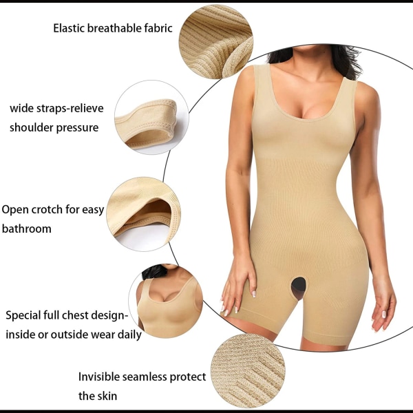 Shapewear Damer Reduktiv gördel Bodysuits Jumpsuits Waist trainer Helkroppsformare Korsett Bantning Modellering Rem Öppen gren Beige M-L