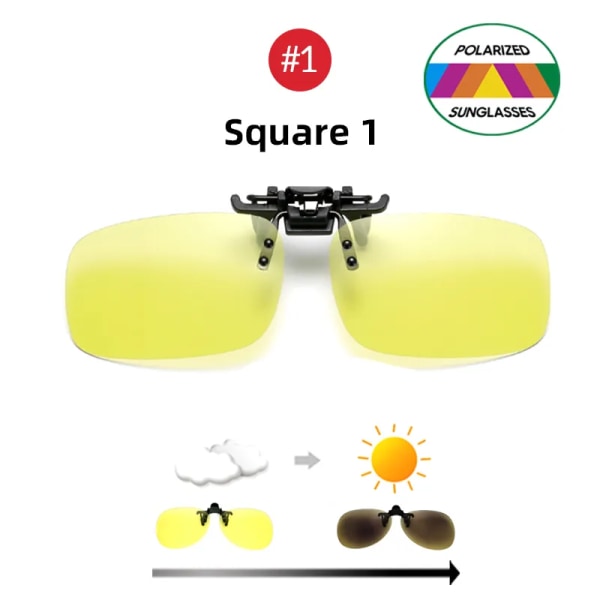 VIVIBEE Night Vision Flip Up Clip on Solglasögon Photochromic Män Gul färgbyte Pilotlins Körning Myopi Glasögonklämmor Square 1 Without Case
