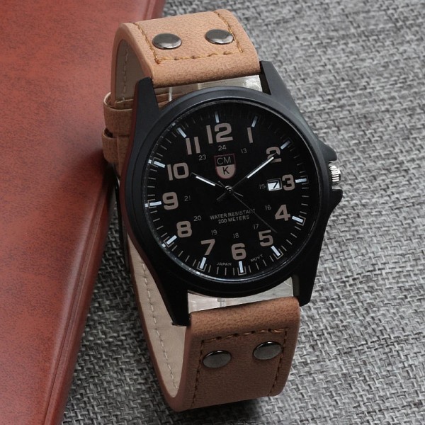 Märke watch Ny herrklocka Herr Date Läderarmband klockor Sport Quartz Military Armbandsur black white