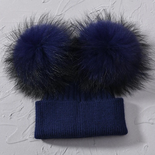 Dubbel Pompom-mössa för kvinnor, vintermössor, stickade mössor, mössor, beanies, flickor, två pompom-mössa Navy match fur