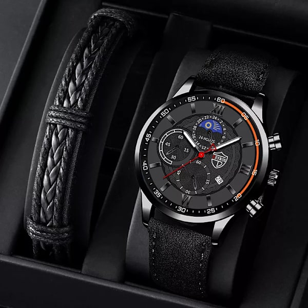 2023 Mode Herr Sportklockor Man Business Quartz Armbandsur Lyxigt svart läderarmband Herr Casual Luminous Clock Watch Black Silver