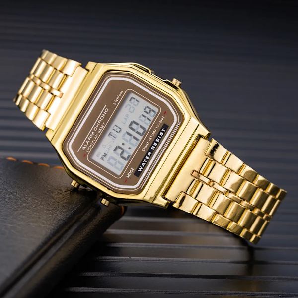 Harajuku Luxury TOP Brand Watch Guld Rostfritt stål WR F91W LED Elektronisk Vattentät Multifunktion Fyrkantig Digital Watch Gold