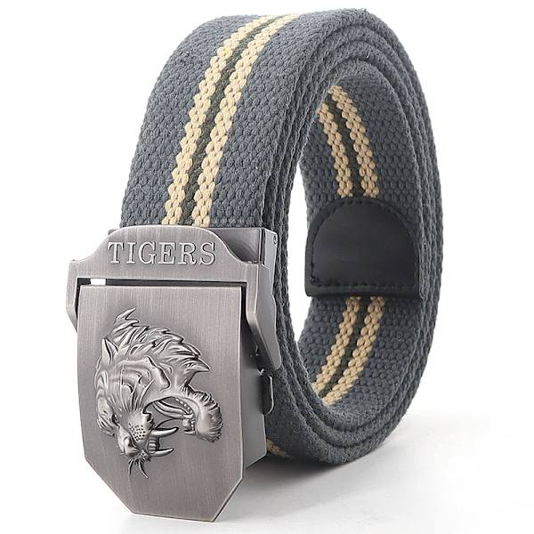 Ny canvas utomhus taktiskt armébälte 3D tigerhuvud Emblem metallspänne unisex jeansbälte för män Militärbälte Man sportrem Gray stripes 110cm