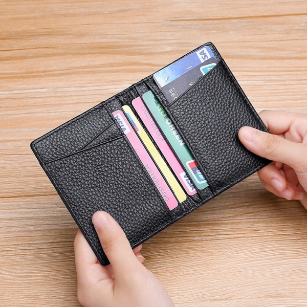 Supermjuk herrkortplånbok i äkta läder Smal Tunn Mini Liten Bifold Plånbok Kreditkortshållare Myntväska Kompakt pengapåse Black-2