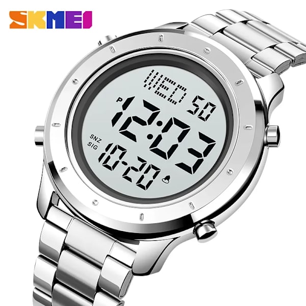 SKMEI LED Light Stoppur Sportklockor Herr Multifunktion 3Bar Vattentät Countdown Calendar Digital Armbandsur reloj hombre Steel Strap 5