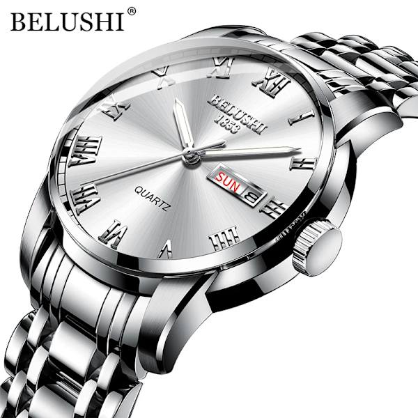 BELUSHI Herrmode Business Quartz Klockor Topp Lyx Märke Helt Stål Vattentät Analog Armbandsur Herr Kalenderklocka Silver