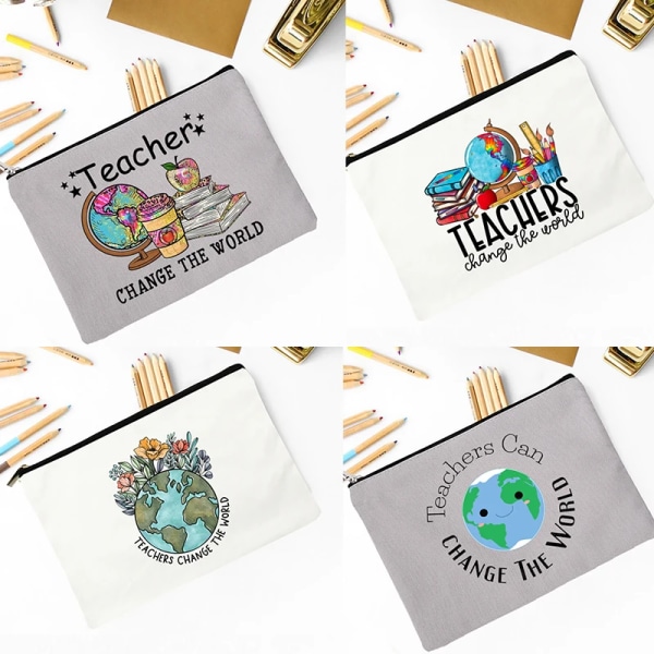 Lärare Change The World Print Kosmetisk väska Tillbehör Förvaringsväskor Resetvätt Påse Case Skolpapper Lärarpresent TW102756-TBGY-D