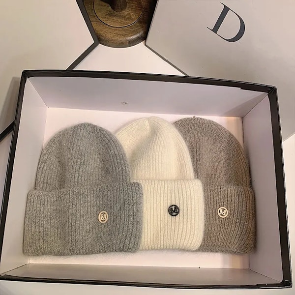Uspop Nya Dammössor Vinter Tjocka Varma Stickade Mössor Enfärgad Bokstav M Mjukt Hår Skullies Beanies light gray elastic 53-59 cm