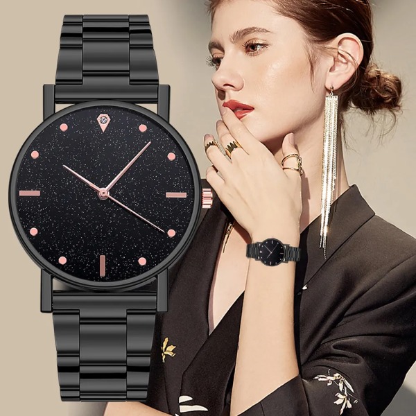 Svart Watch 2023 Toppmärke Lyx Stjärnhimmel Dam Rostfritt stålband Analog Quartz Armbandsur för 08 RoseGold-Silver