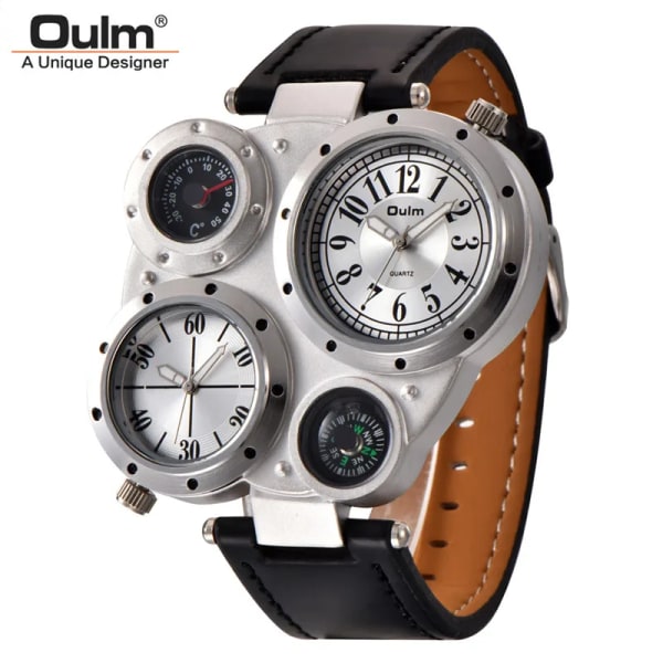 Oulm Unika Sport Herrklockor Toppmärke Lyx 2 Tidszon Watch Dekorativ Kompass Watch för män White