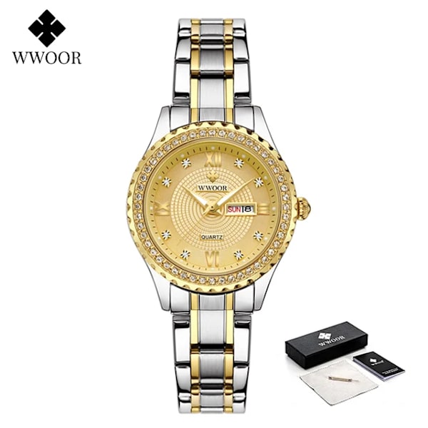 WWOOR Damklockor Märke Lyx Diamond Dress Quartz Watch i rostfritt stål Armband för Kvinnlig presentklocka silver gold box