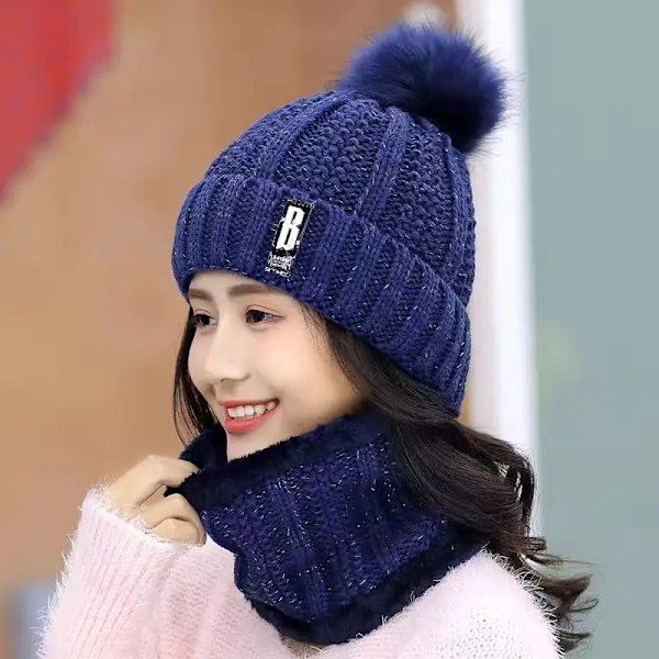 Dam Knittad Hatt Skidhatt Set Vindtät Vinter Utomhus Stickad Tjock Siamese Halsduk Krage Varm Håll Ansiktet Varmare Beanies Hatt Navy Blue2