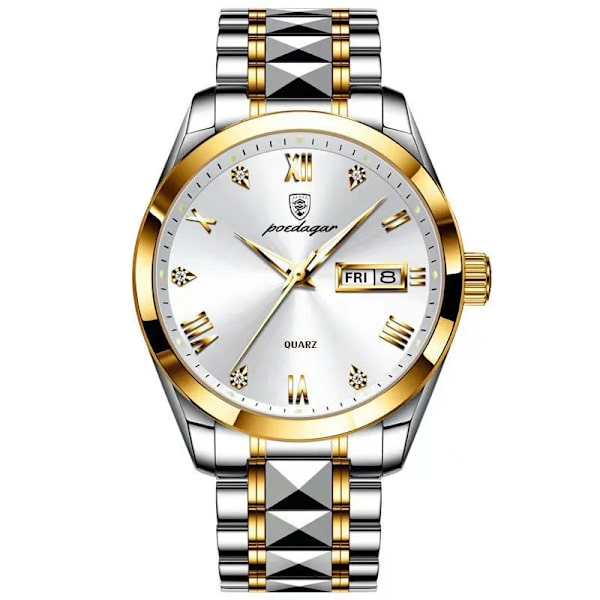 POEDAGAR Klockor i lyxstil Herr 2023 Mode Rostfritt stål Vattentät kalendervecka Quartz Gold Watch For Man Reloj Hombre GW
