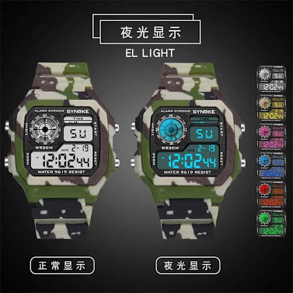 SYNOKE Klockor Män Sport Digital watch Kamouflage Militärgrönt Alarm Kronograf Multifunktion Armbandsur för män Camouflage Gray
