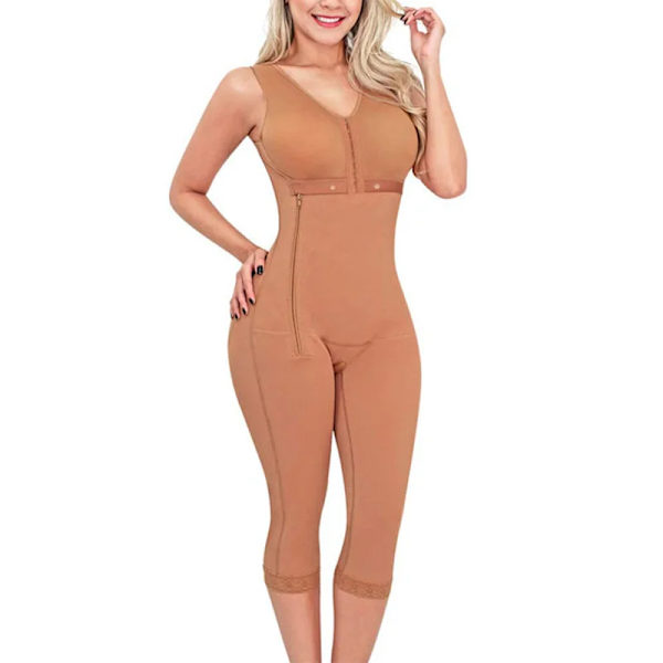 Shapewear för kvinnor Magkontroll Helkroppsformare Butt Lifter Lår Smalare Body Sidodragkedja Bröststöd Långt Khaki M