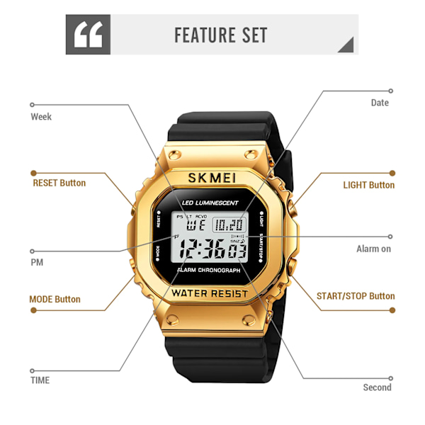 SKMEI Mode LED-ljus Digital Watch Herr 3Bar Vattentät Chrono Alarm Klockor Datum Vecka Klocka Watch reloj hombre 1851 silver