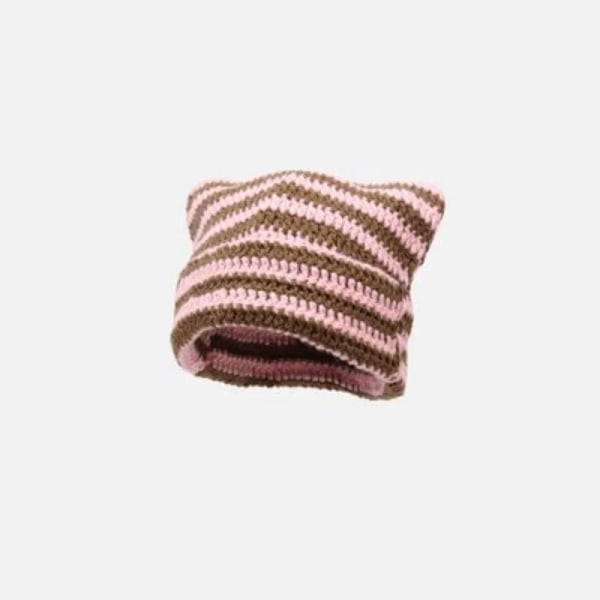 Ny Japansk Beaniehatt Ins Liten Djävul Randig Stickad Mössa Höst Och Vinter Söta Kattungeöron Spetsig Tröja Dammössor Pink Coffee