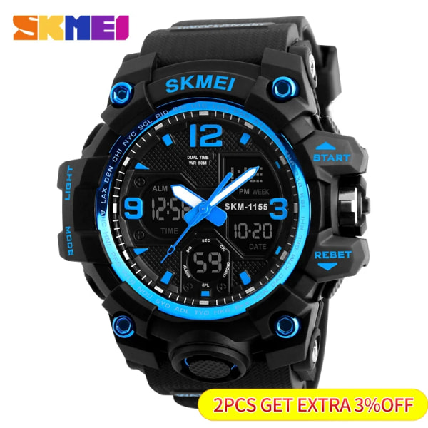 SKMEI 1155B Watch 5Bar Vattentät Dual Display Armbandsur Relogio Masculino watch Sport Herr Militär Digitala klockor DENIM Black Watch