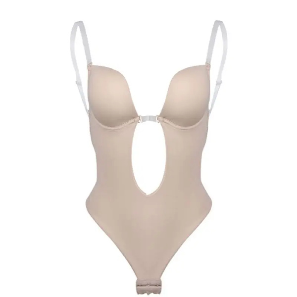 Kvinnors helkroppsformare Backless Shaperwear Stringtrosa Seamless U Plunge Shapers Push-up Bantning BodySuit Midja Shaperwear Beige L