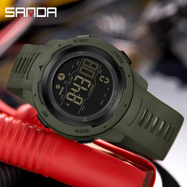SANDA Märke Herrklockor Sport Stegräknare Kalorier 50M Vattentät LED Digital Watch Militär Armbandsur Relogio Masculino 2145 Armygreen
