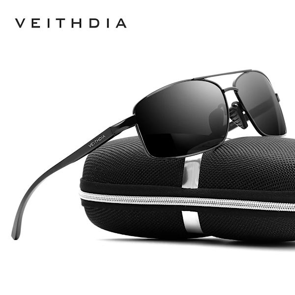 VEITHDIA märkessolglasögon polariserad UV400-lins för män Vintage aluminiumram Solglasögon Goggle Glasögontillbehör för män 2458 Black box add cloth