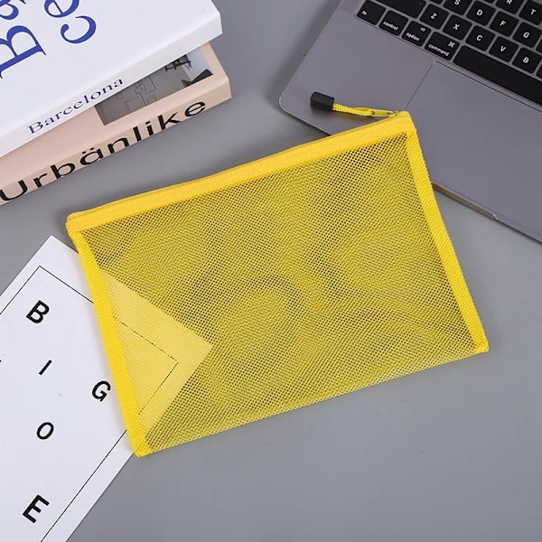 Transparent Synlig Nylon Mesh Makeup Kosmetisk Förvaringsväska Skolkontor Fil Dragkedja Student Penna Test Papper Organizer yellow A5 (25x18cm)
